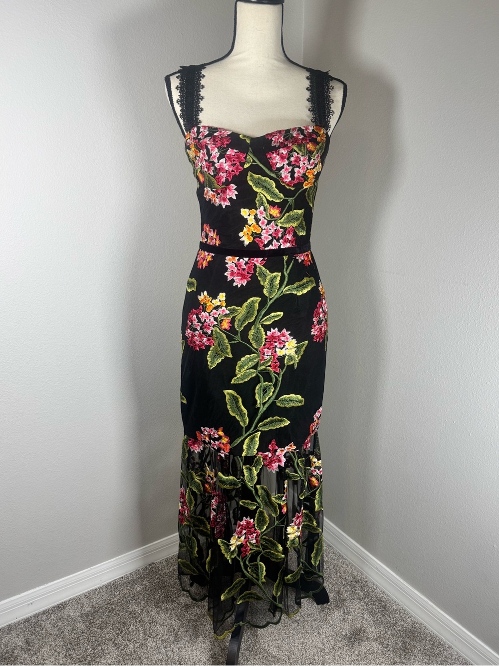Bronx and Banco Cordelia Embroidered Lace Midi Dress Black Multi S